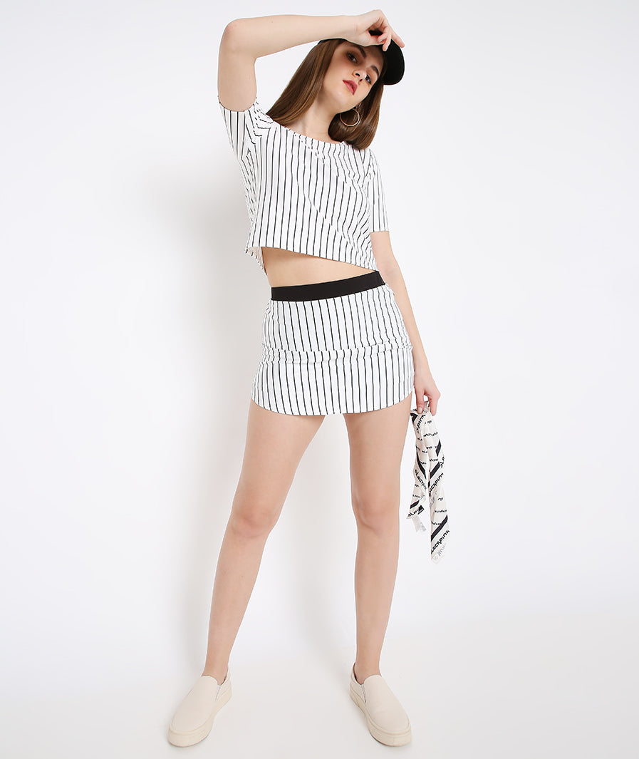white mini skirt: White Stripe Mini Skirt (evening styling)
