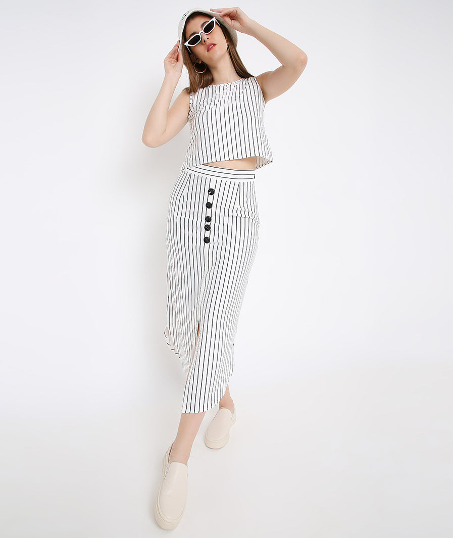 white long skirt: White Stripe Long Skirt with Buttons (vacation styling)
