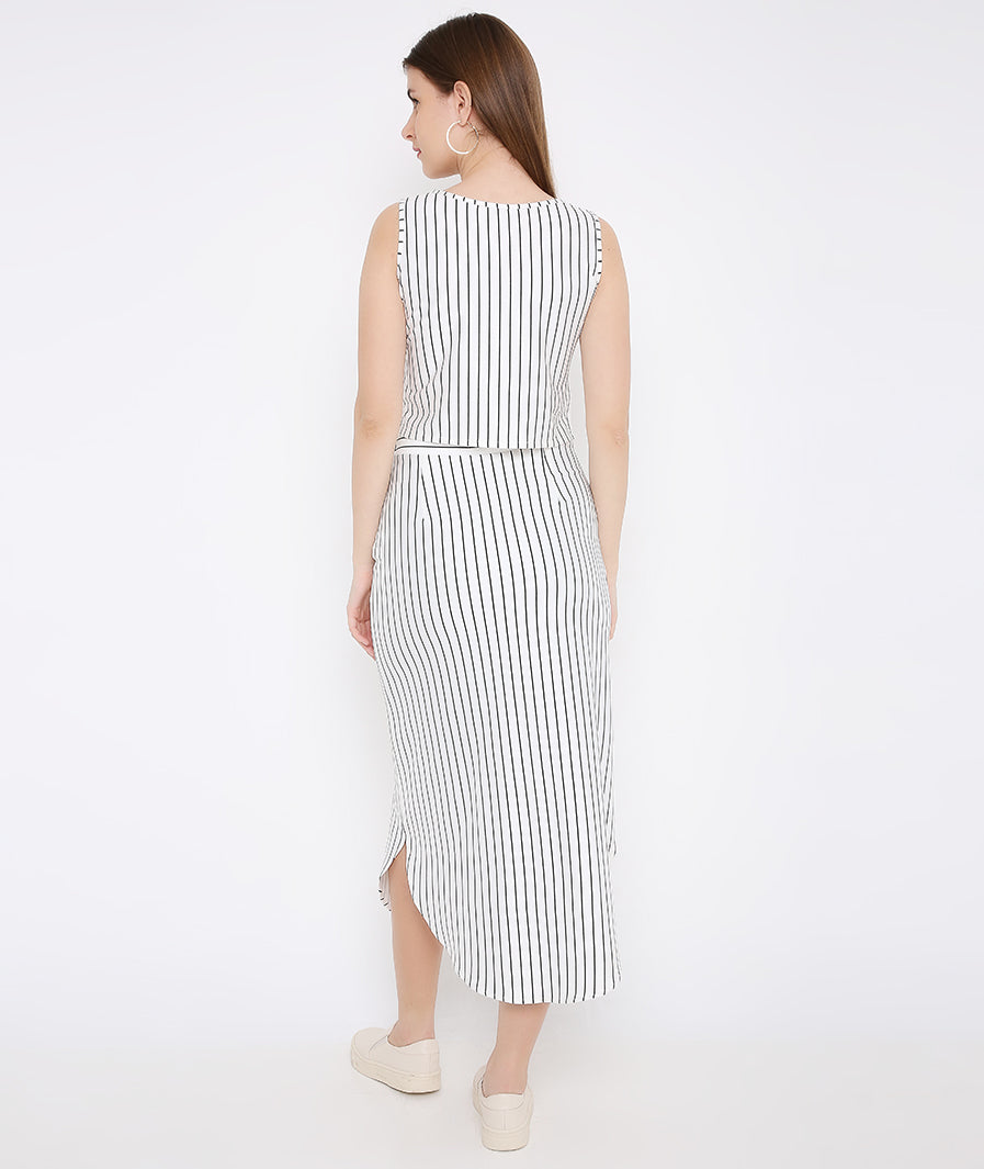 White Stripe Long Skirt with Buttons – seated pose western long skirt for women, Marcel & Mae
