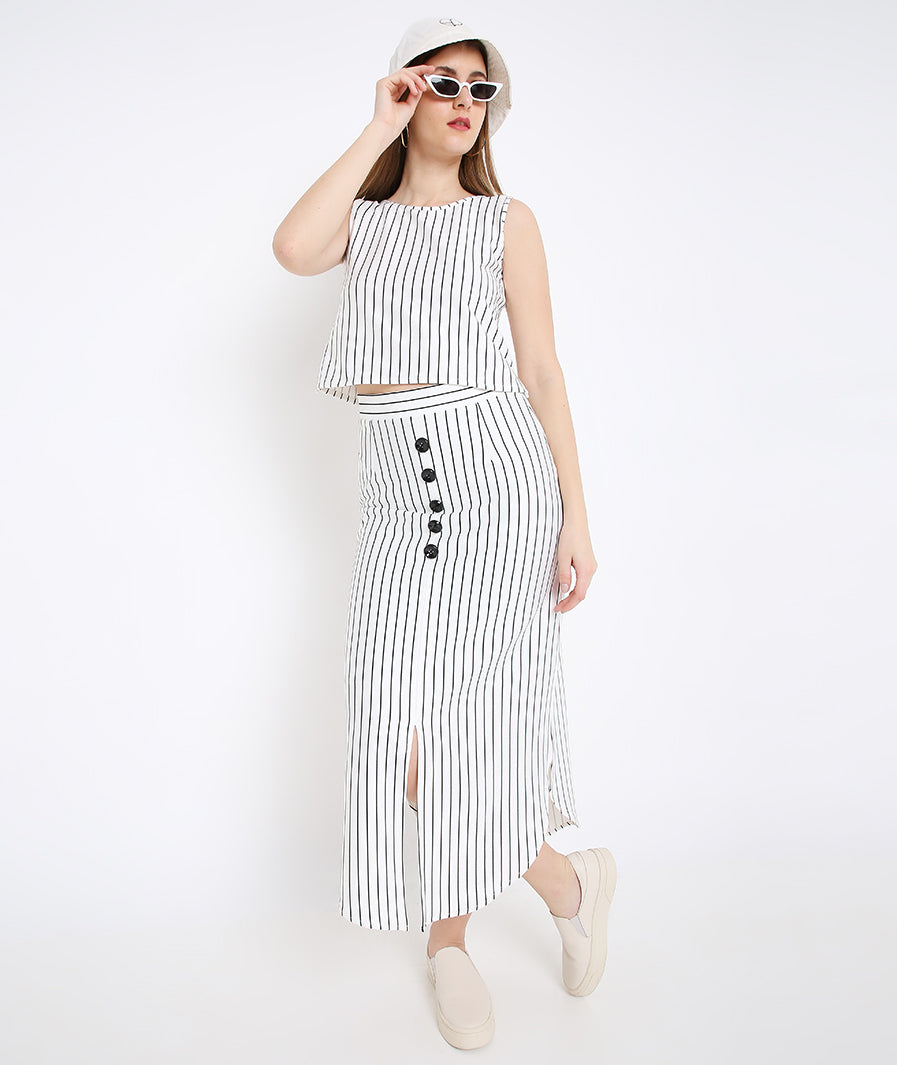 Marcel & Mae White Stripe Long Skirt with Buttons, detail close-up, white long skirt
