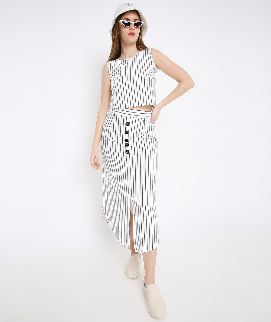 White Stripe Long Skirt with Buttons – side angle western long skirt for women, Marcel & Mae
