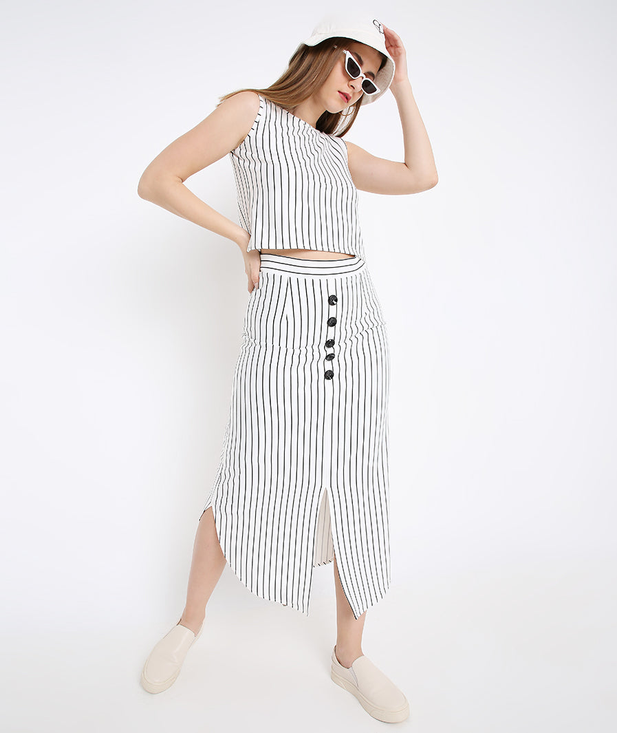 Marcel & Mae White Stripe Long Skirt with Buttons, seated pose, white long skirt
