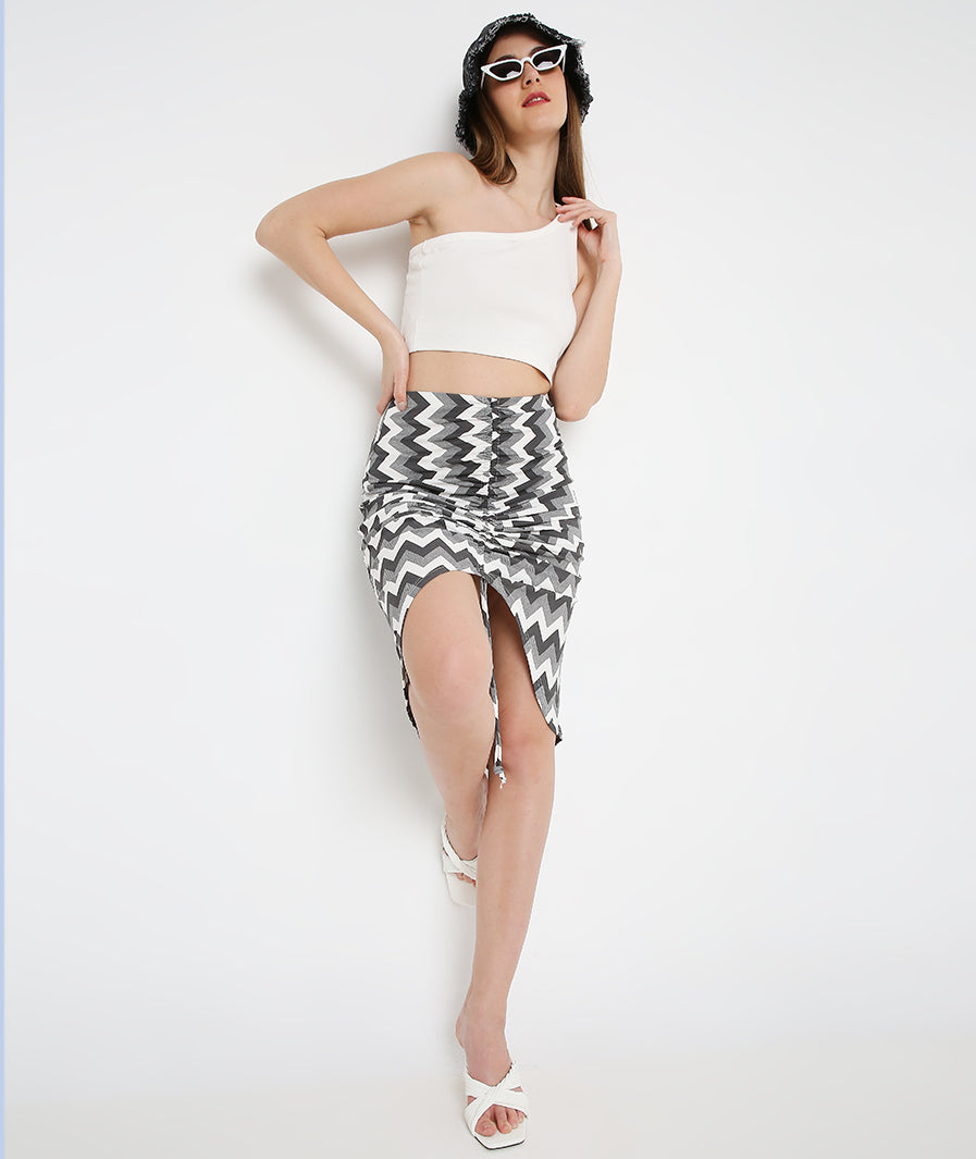 Zig Zag Drawstring Mini Skirt styled for party and vacation – print detail
