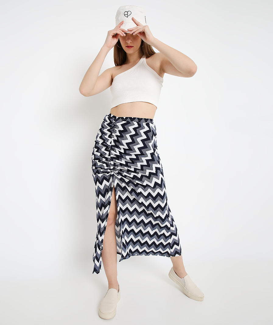 Zig Zag Front Drawstring Long Skirt styled for party and vacation – back view
