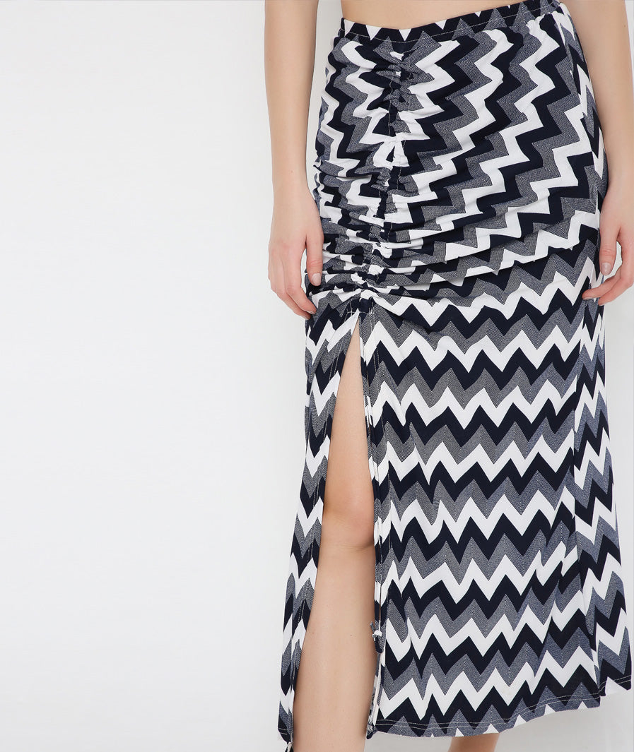 Marcel & Mae Zig Zag Front Drawstring Long Skirt, back view, statement long skirt

