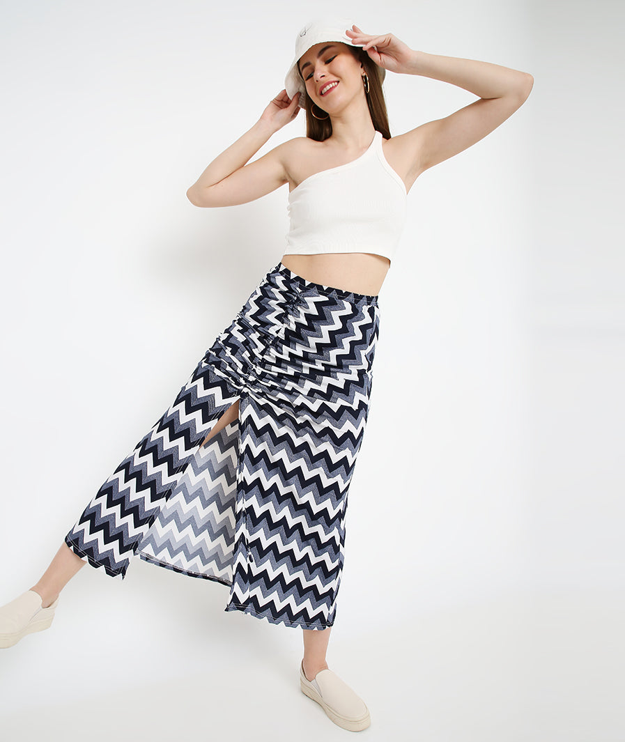 Marcel & Mae Zig Zag Front Drawstring Long Skirt, detail close-up, statement long skirt
