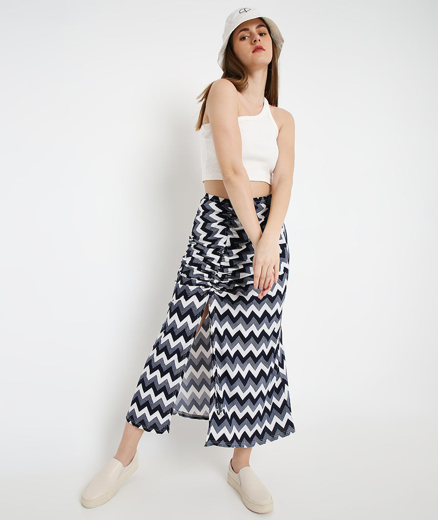 statement long skirt: Zig Zag Front Drawstring Long Skirt (seated pose)
